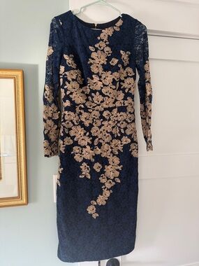 Xscape Navy Dress with Gold Floral Lace